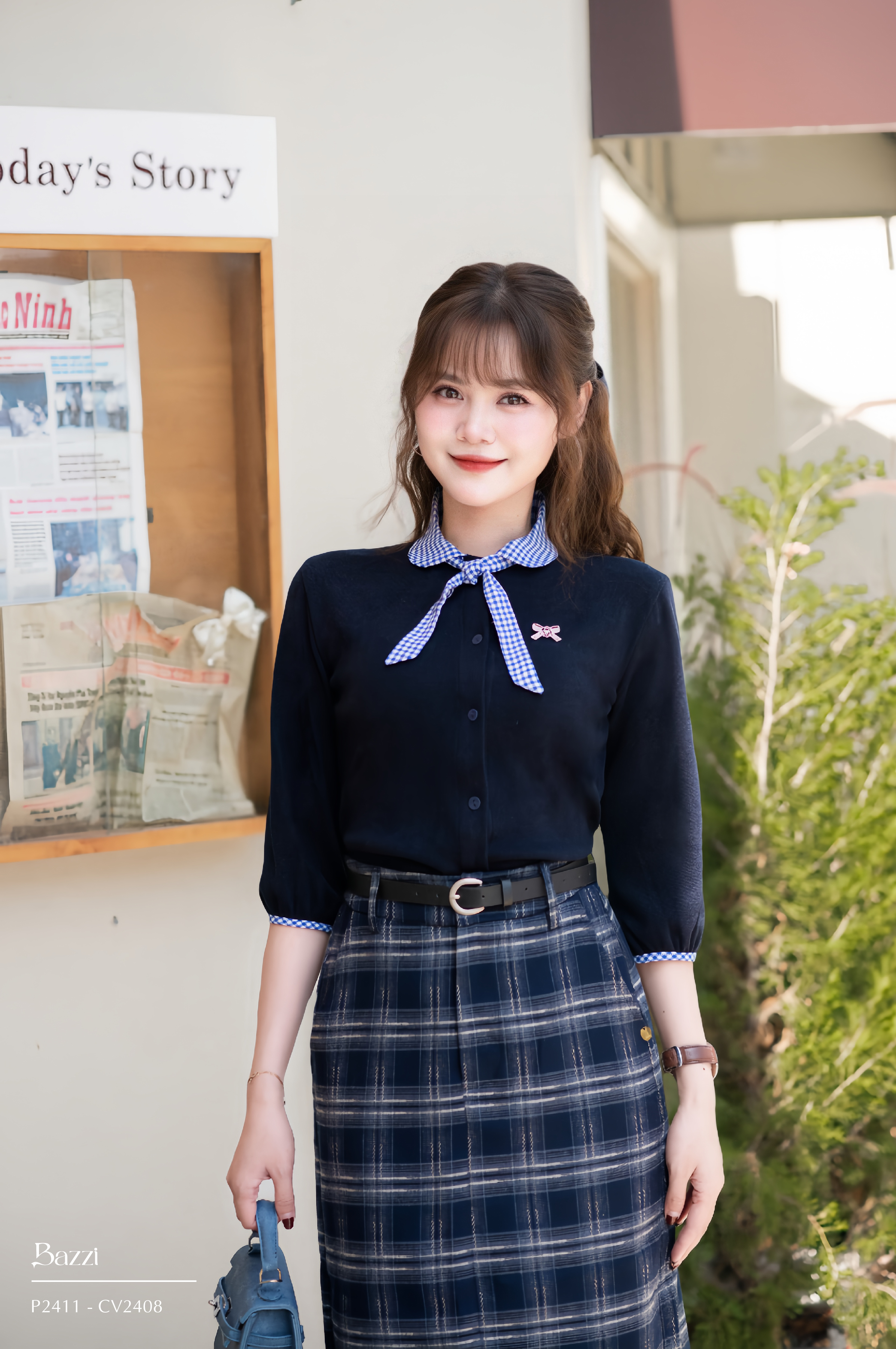 PH2411 - Áo thun cổ sen kèm dây nơ - Xanh than - S